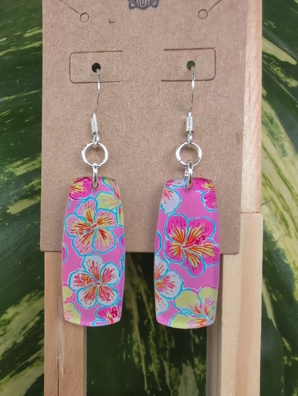 Pink Floral Hibiscus Dangle Earrings - Handmade